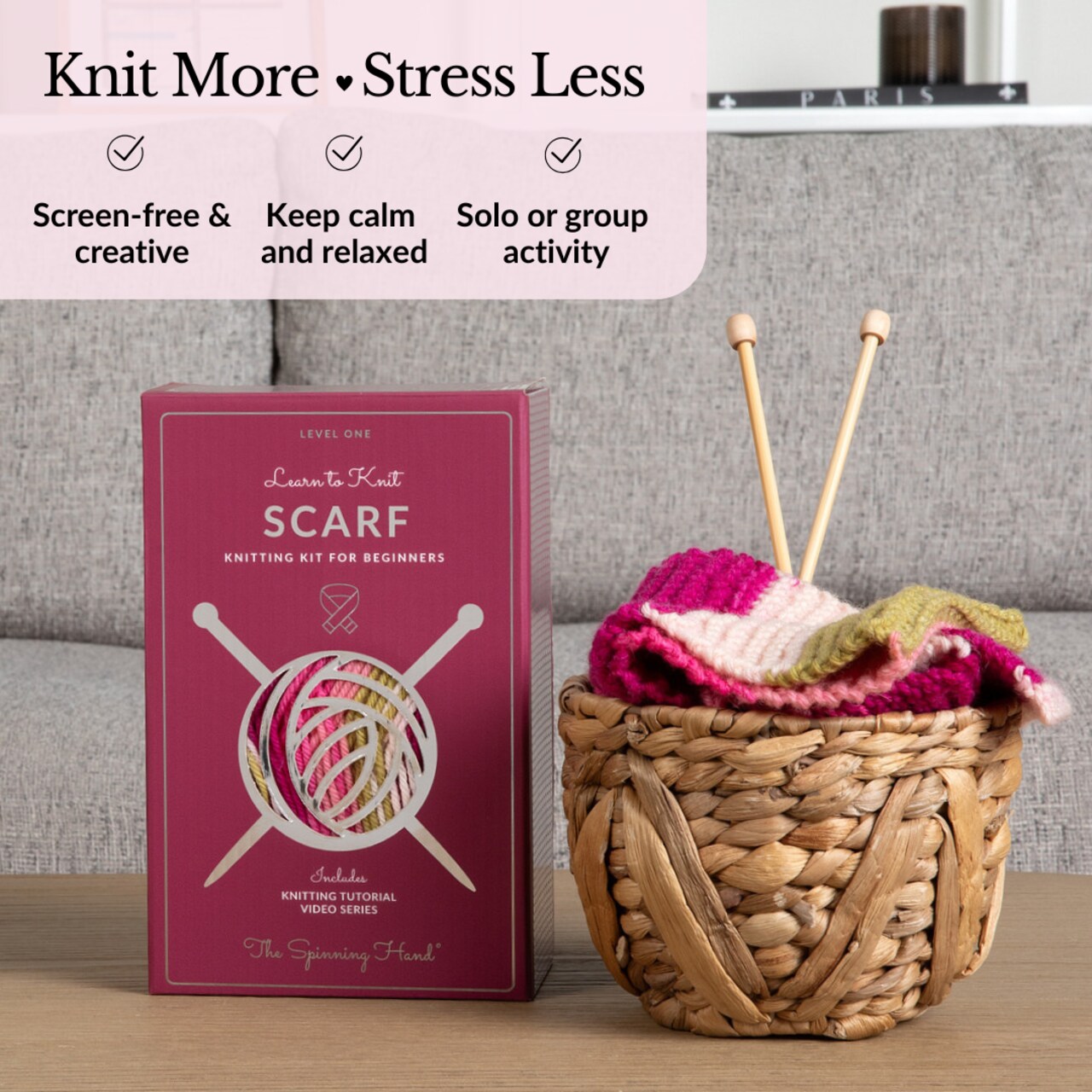 Learn to Knit Scarf Kit with Yarn, Needles & Step-by-Step Video Tutorials (Dragonfruit)